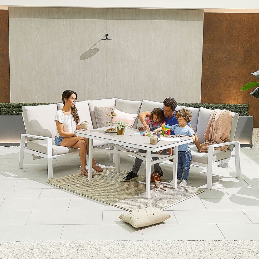 Enna Left Hand Aluminium Reclining Casual Dining Corner Sofa Set with Parasol Hole